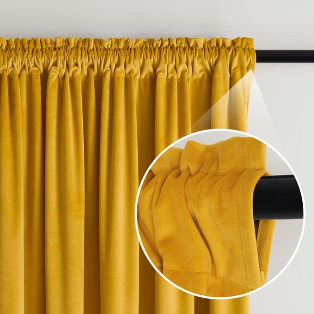 Detalle 2 de MIULEE 2er Set Samtvorhänge blickdicht zur Verdunkelung, Stangendurchzug – Senfgelb, 140 x 260 cm