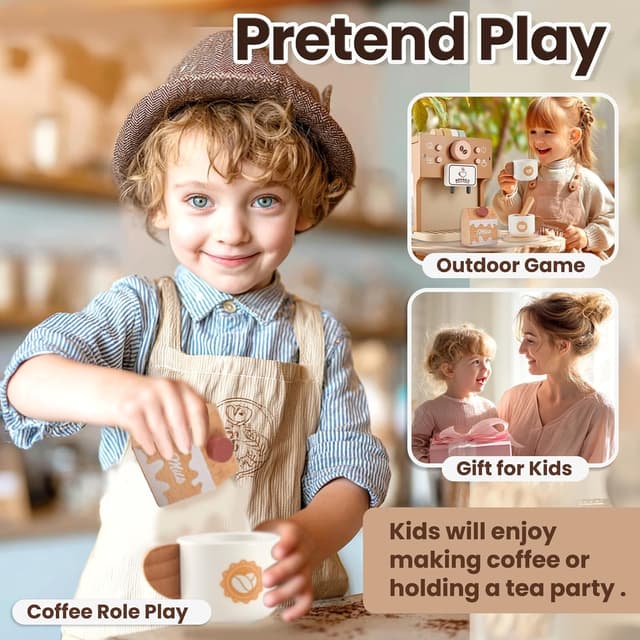 Thumbnail 6 de BUYGER Kids Wooden Coffee Machine Toy – Pretend Coffee Playset for Ages 3–5