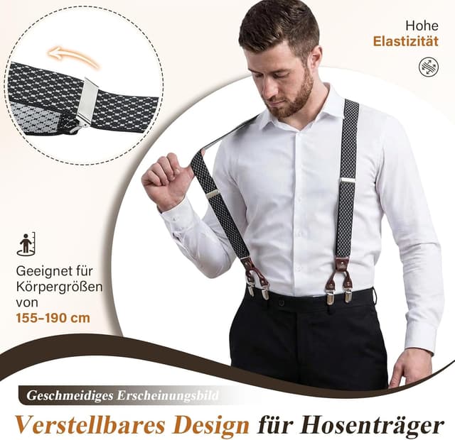 Detalle de KANGDAI Rindsleder Hosenträger für Herren, 3,5 cm breit mit 6 Metallclips – verstellbar, Geschenkbox