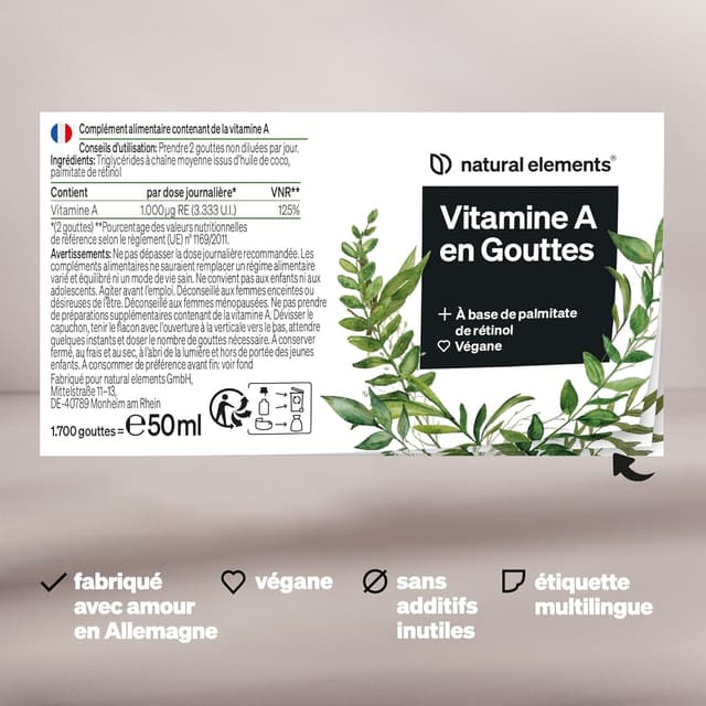 Detalle de Vitamine A en gouttes 50 ml (1700 gouttes) au palmitate de rétinol – dissoute dans l’huile de coco MCT, végane