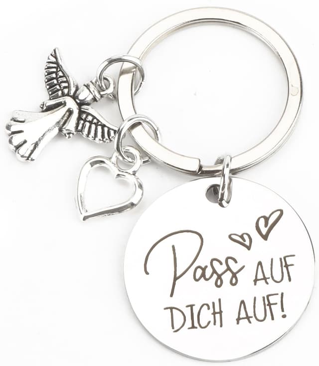 Detalle de Schlüsselanhänger mit Schutzengel und Herzanhänger aus Edelstahl – personalisiertes Geschenk für Freundin, Mama oder Schwester