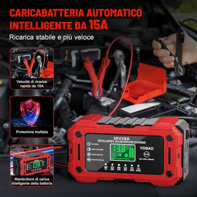Detalle de YDBAO 15A caricabatteria auto 12V automatico con display LCD e compensazione temperatura