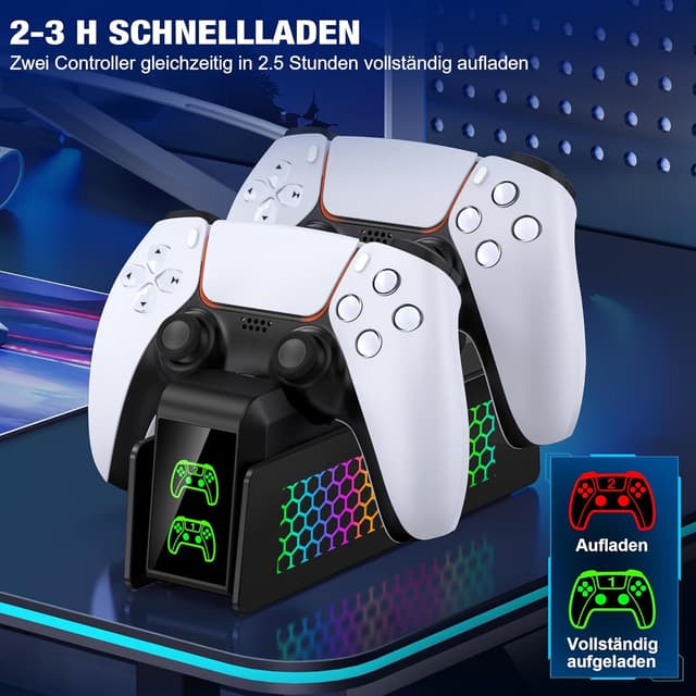 Detalle de PS5 Controller Ladestation mit Cooler RGB-Lichteffekt für PlayStation 5 DualSense (2 Controller, Schnellladung)