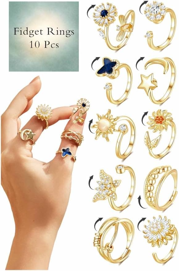 Detalle de 10Pcs Fidget Anxiety Rings (Adjustable Spinner Rings) — Moon, Sun, Butterfly, Galaxy & More CZ Stress Relief