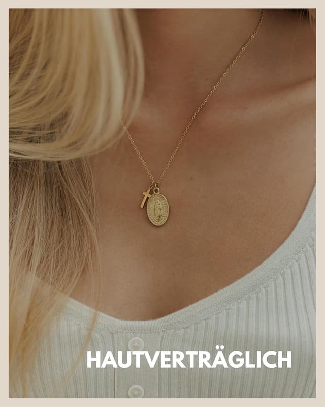 Detalle 2 de GD GOOD.designs Maria Kette für Damen – wasserfeste Madonna-Halskette aus Edelstahl mit kleinem Kreuz, 42+5 cm verstellbar