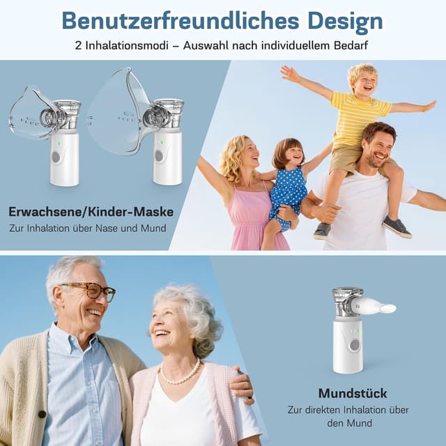 Detalle de Tragbares Nigecue Inhalationsgerät (Vernebler-Set) mit Mundstück, 2 Masken und USB-C Akku