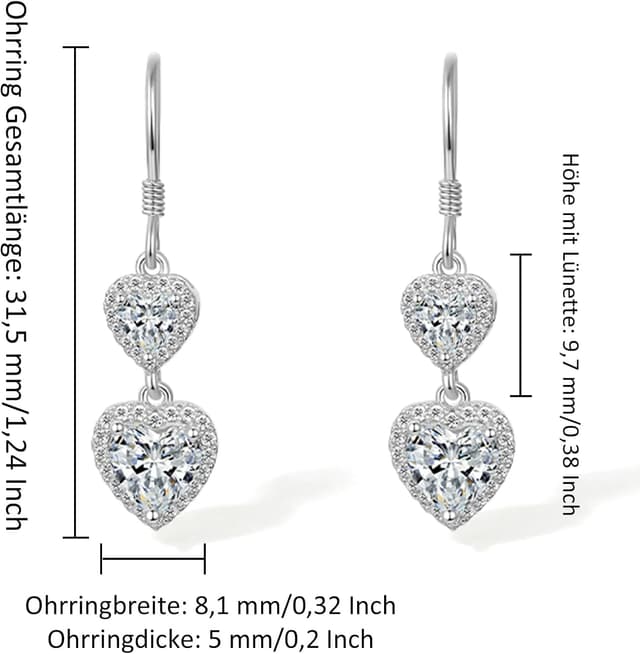 Detalle de Lange Ohrringe Hängend aus Sterlingsilber 925 mit Herz und Zirkonia-Glitzer in Geschenkbox