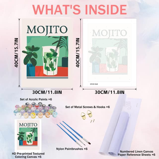 Detalle de GOUGOUFAFA 6-Pack Paint by Numbers for Adults (12x16 inch) Cocktail Canvas Acrylic Kit