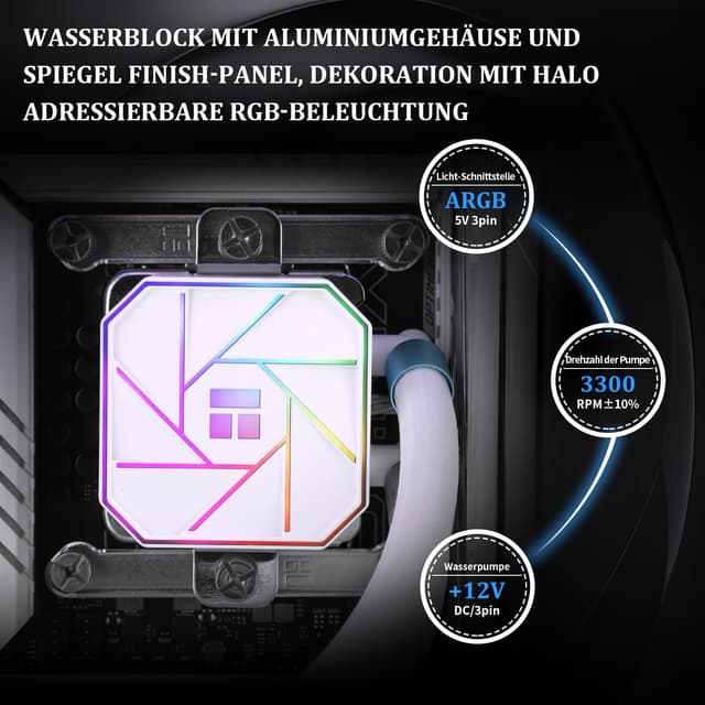 Detalle 2 de Thermalright AQUA ELITE 360 Weiß V3 AIO-Wasserkühler mit 3×120-mm-PWM-Lüftern für AMD AM4/AM5 & Intel (inkl. ARGB)