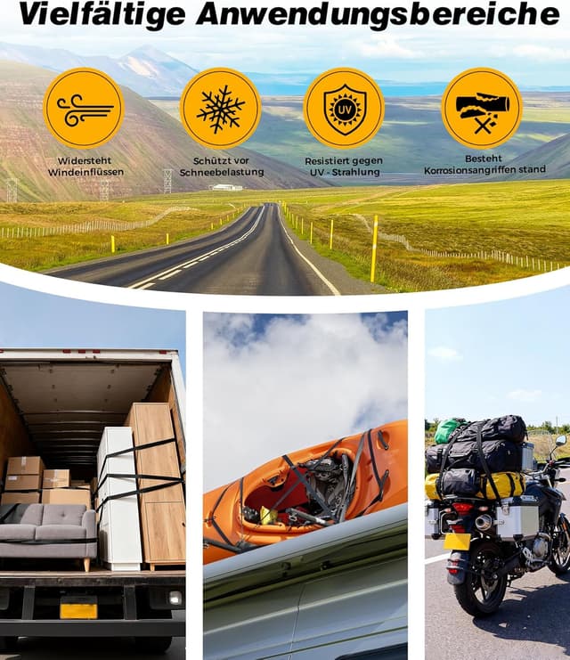 Detalle de Spanngurte Schwarz 4er-Set (2,5 m x 25 mm) mit Klemmschloss – Zurrgurte für Fahrrad, Dachbox & Gepäck