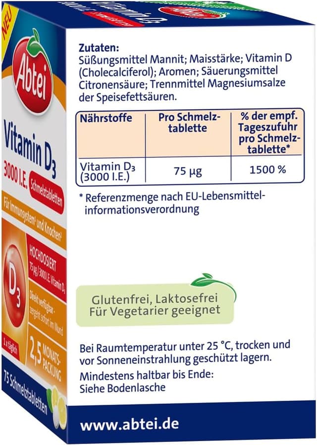 Detalle 2 de Abtei Vitamin D3 3000 I.E. Schmelztabletten (75 Stück) – unterstützt Immunsystem und Knochen
