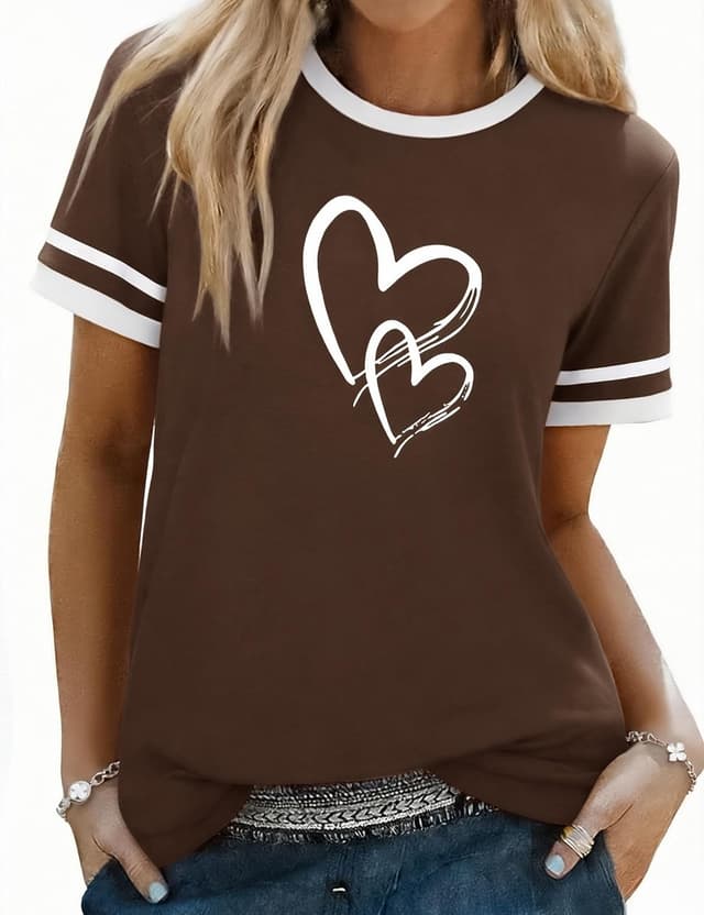 Detalle de Aottori T-shirt femme en coton à col rond manches courtes imprimé cœur