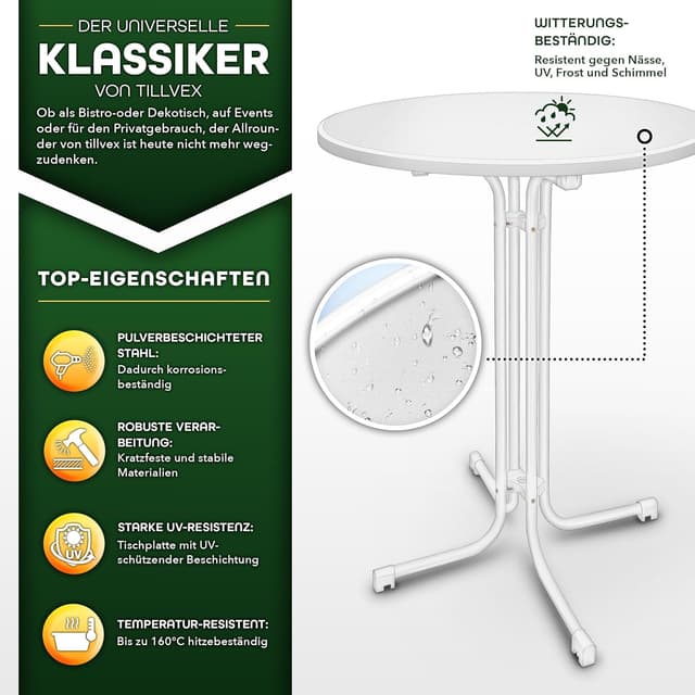 Detalle de tillvex® Gastro Stehtisch klappbar 2er-Set Ø70 cm mit Husse – runder Bistrotisch für Indoor & Outdoor