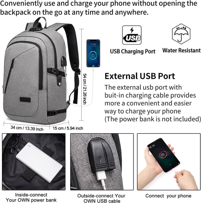 Detalle 2 de 17.3-inch USB charging laptop backpack Grey