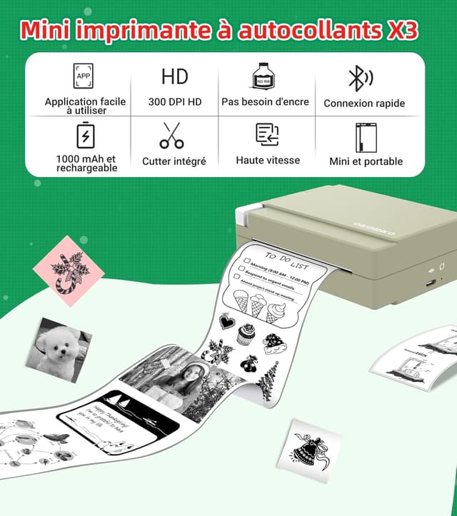 Detalle de ORGBRO Mini Imprimante X3 thermique Bluetooth portable (papier thermique inclus) vert olive