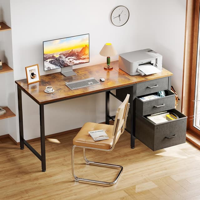 Detalle 2 de Coleshome Schreibtisch mit 3 Stoffschubladen, 120 x 48 cm (braun) – umkehrbar mit Kopfhörerhalter