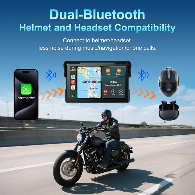 Detalle 2 de Wireless Motorcycle CarPlay & Android Auto GPS (7-Inch Touchscreen) with AHD Dual Cam, Siri/Google Assistant, Looping, GPS, TMPS, IP69K