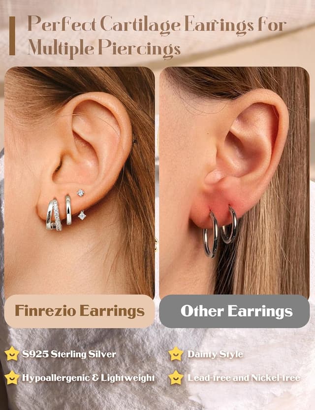 Thumbnail 3 de Finrezio 3 Paar Ohrringe aus Silber 925 für Damen – Creolen, Huggie und Ohrstecker (hypoallergen)