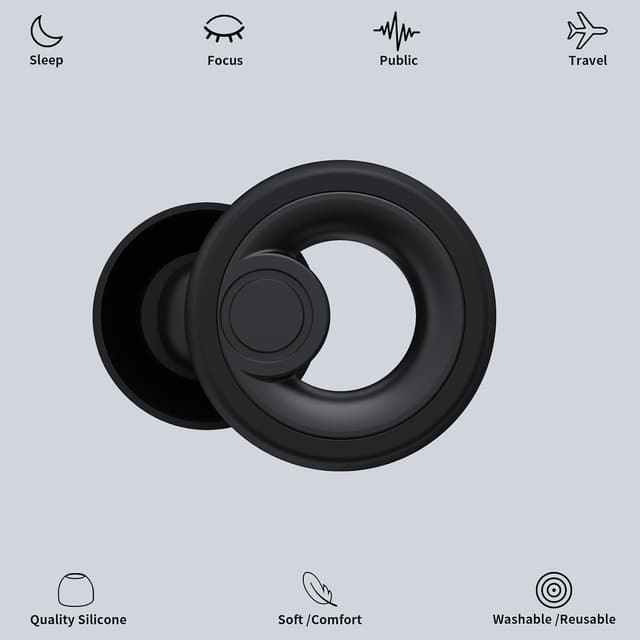 Detalle 2 de JAYINE reusable silicone ear plugs (30 dB SNR) for sleep, travel, focus and concerts – XS/S/M/L tips in black