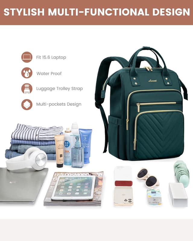 Detalle de LOVEVOOK Damen-Rucksack für 15,6 Zoll Laptop (wasserdicht) – Dunkelgrün