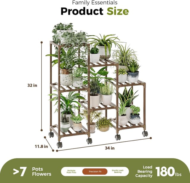 Detalle 2 de Bamworld plant stand with wheels — 3-tier wooden ladder shelf for indoor and outdoor pots
