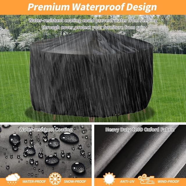 Detalle de RICHIE Round Garden Furniture Cover – Waterproof, UV Resistant, Windproof Round Patio Table Set Cover (200x80cm)