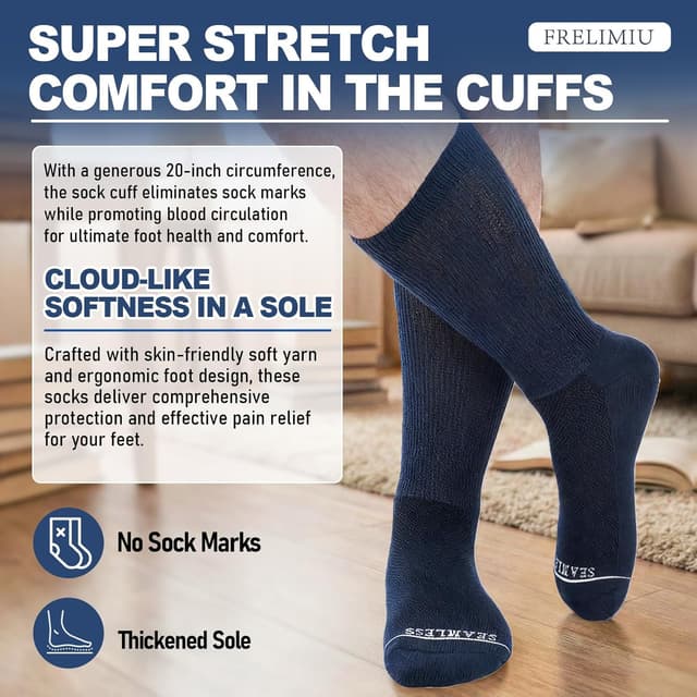 Detalle de Frelimiu Diabetic Socks for Men (Non-Binding, Seamless Toe) – 4 Pairs, 7–11