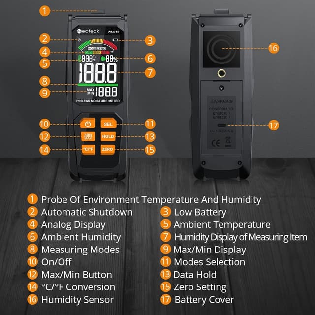Detalle de Neoteck pinless damp meter for walls — non-invasive moisture detector up to 20mm