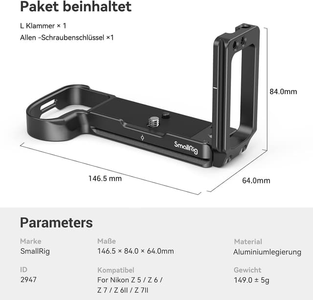 Detalle 2 de SMALLRIG L-Bracket 2947 für Nikon Z5 / Z6 / Z7 / Z6II / Z7II (L Winkel, drehstichere Montage)