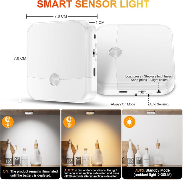 Detalle 2 de daphomeu lot de 6 veilleuses LED rechargeables avec détecteur de mouvement (port USB Type-C)