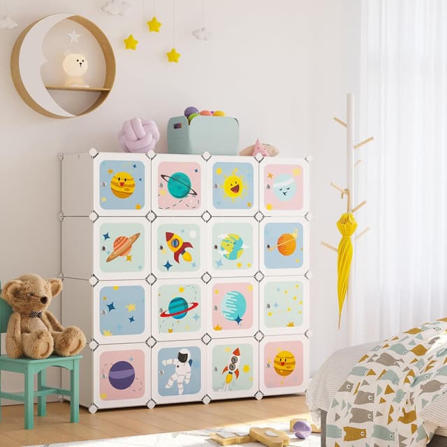 Detalle de SONGMICS Armadio modulare per bambini con 16 scomparti e 4 barre appendiabiti (LPC905W01), bianco