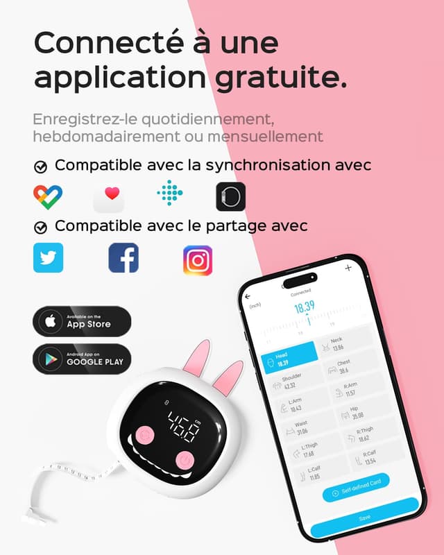 Detalle de Tychesy mètre ruban corps rétractable connecté (150 cm) avec application