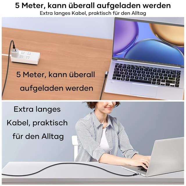 Thumbnail 6 de USB-C-auf-USB-C-Kabel 3 m (90°) 240 W PD 3.1, 48 V/5 A, Nylon geflochten – für Schnellladen & Daten (PD 3.1, 480 Mbit/s)