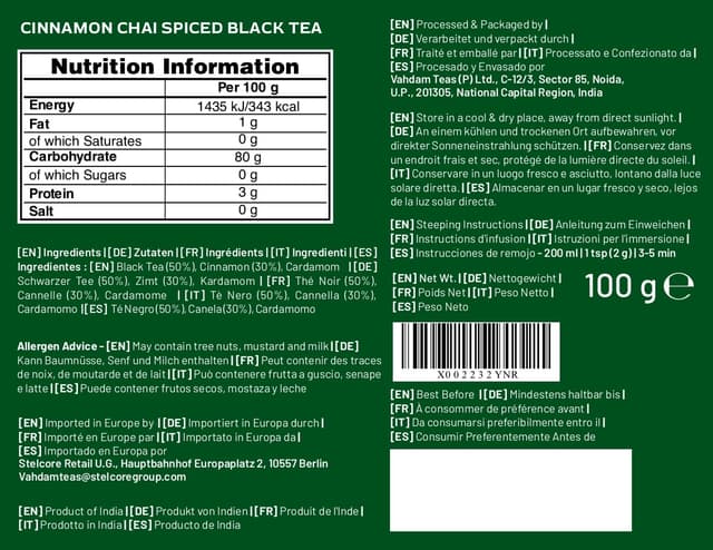 Detalle de VAHDAM Zimt Chai gewürzter schwarzer Tee (100 g) – indischer Chai mit Zimt, Kardamom & Nelken, vakuumversiegelt