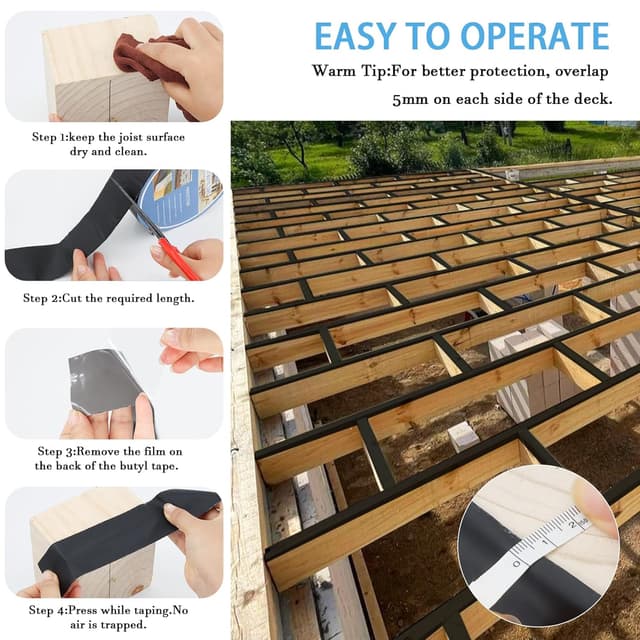 Detalle de Heelos Butyl Joist Tape for Decking (2" × 50', 6-Pack) — Weather-Resistant Waterproof Deck Joist Seal Tape