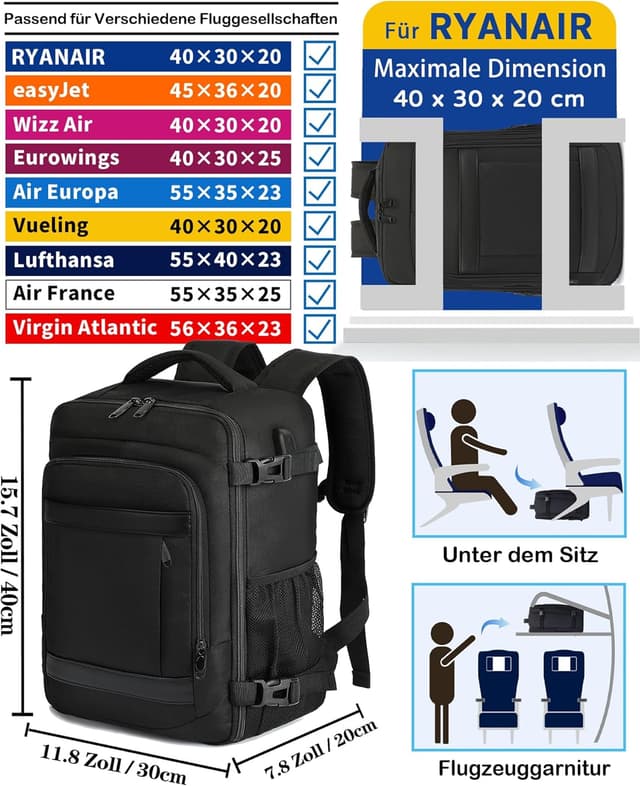 Detalle 2 de KLOSTAIN Handgepäck-Rucksack 40 x 30 x 20 cm (24 l) für Ryanair & EasyJet, Laptop-Reise-Rucksack Schwarz