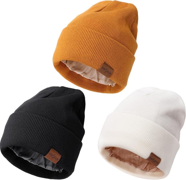 Detalle de DRESHOW Satin Lined Beanie Hat – Unisex knitted skull cap with silky lining