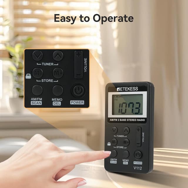 Detalle de Retekess V112 miniradio portatile ricaricabile con cuffie (AM/FM, Nero)