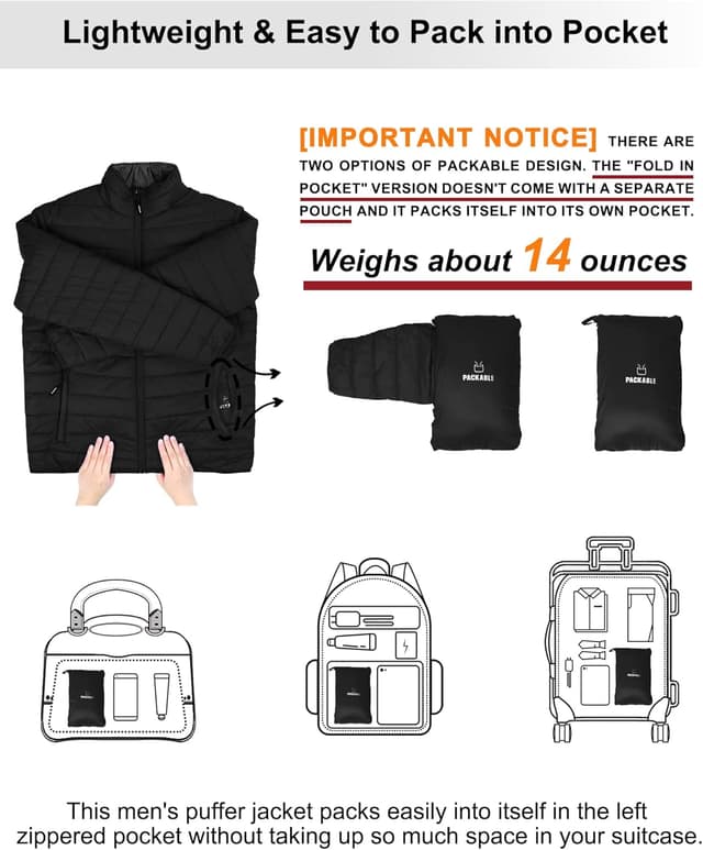 Detalle 2 de Outdoor Ventures Herren Steppjacke packbar – leichte, warme Übergangsjacke wasserabweisend mit 3 Taschen