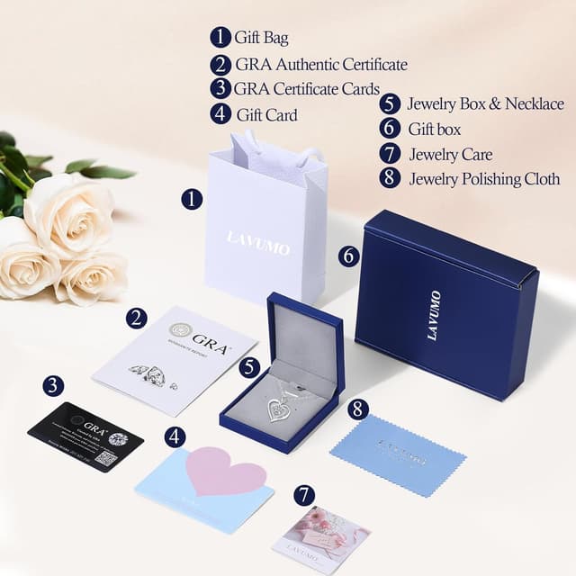 Detalle 2 de LAVUMO Moissanite Halskette Damen aus 925 Sterling Silber mit Doppel-Herz Rosen-Anhänger