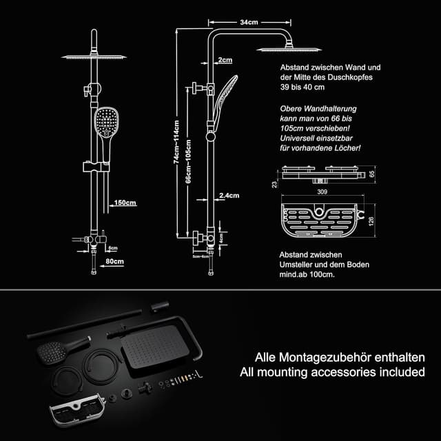 Thumbnail 5 de JOHO Columna Ducha Negra Ajustable 74–114 cm