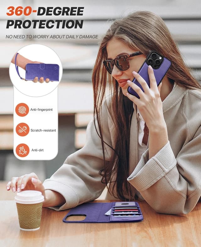 Thumbnail 6 de OCASE iPhone 16 Pro Max Hülle (2in1) aus Leder, stoßfest mit abnehmbarer Magnet-Hülle, Kartenfach, RFID-Schutz und Handschlaufe – Violett