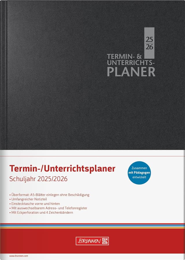 Detalle 2 de BRUNNEN Termin- & Unterrichtsplaner 2025/2026 (A5, schwarz) – Wochenplanung auf 2 Seiten