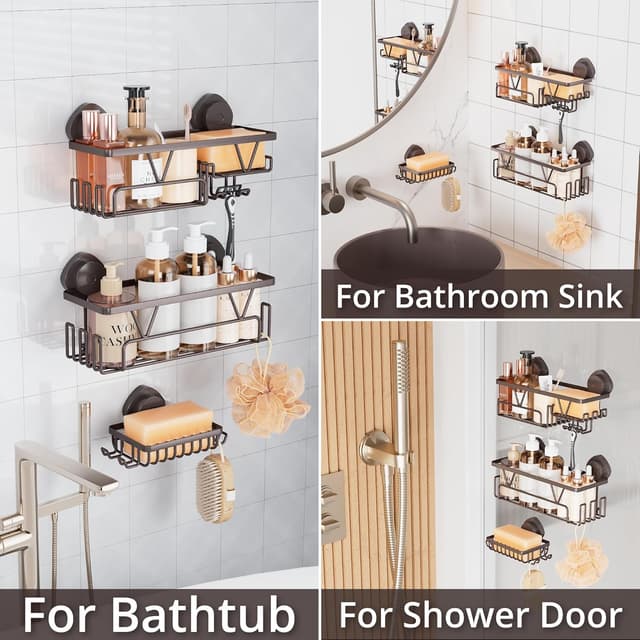 Detalle 2 de KEGII Suction Cup Shower Caddy (3-piece) with Soap Dish, Hooks and Bronze Finish