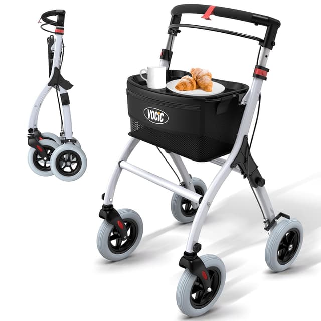 Detalle de VOCIC Z32 Lite Rollator schmal für die Wohnung – faltbar & leicht, Indoor-Rollator mit leisen PU-Reifen