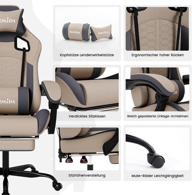 Thumbnail 6 de SUKIDA Gaming Stuhl mit Fußstütze, Kopfstütze und verstellbarer Rückenlehne (beigegrau)