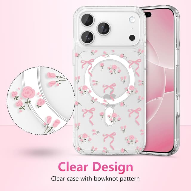 Detalle de ZTOFERA magnetische Handyhülle für iPhone 17 Pro Max (6,9 Zoll) – transparentes TPU mit Schleifen- & Blumenmuster, rosa Blume