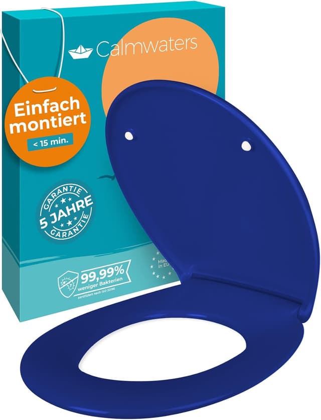 Detalle de Calmwaters® Premium WC Sitz mit einfacher Montage, antibakterieller Duroplast, Absenkautomatik – blau, oval (bis 250 kg)