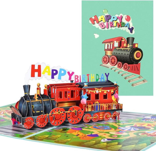 Detalle de CNLITIHEKA Pop-Up Train Birthday Card – 3D “Happy Birthday” greeting with envelope and notes