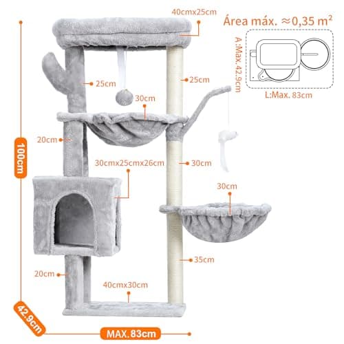 Detalle 2 de Heybly HCT006SW: árbol rascador para gatos de 100 cm con plataforma grande, nido y 2 hamacas